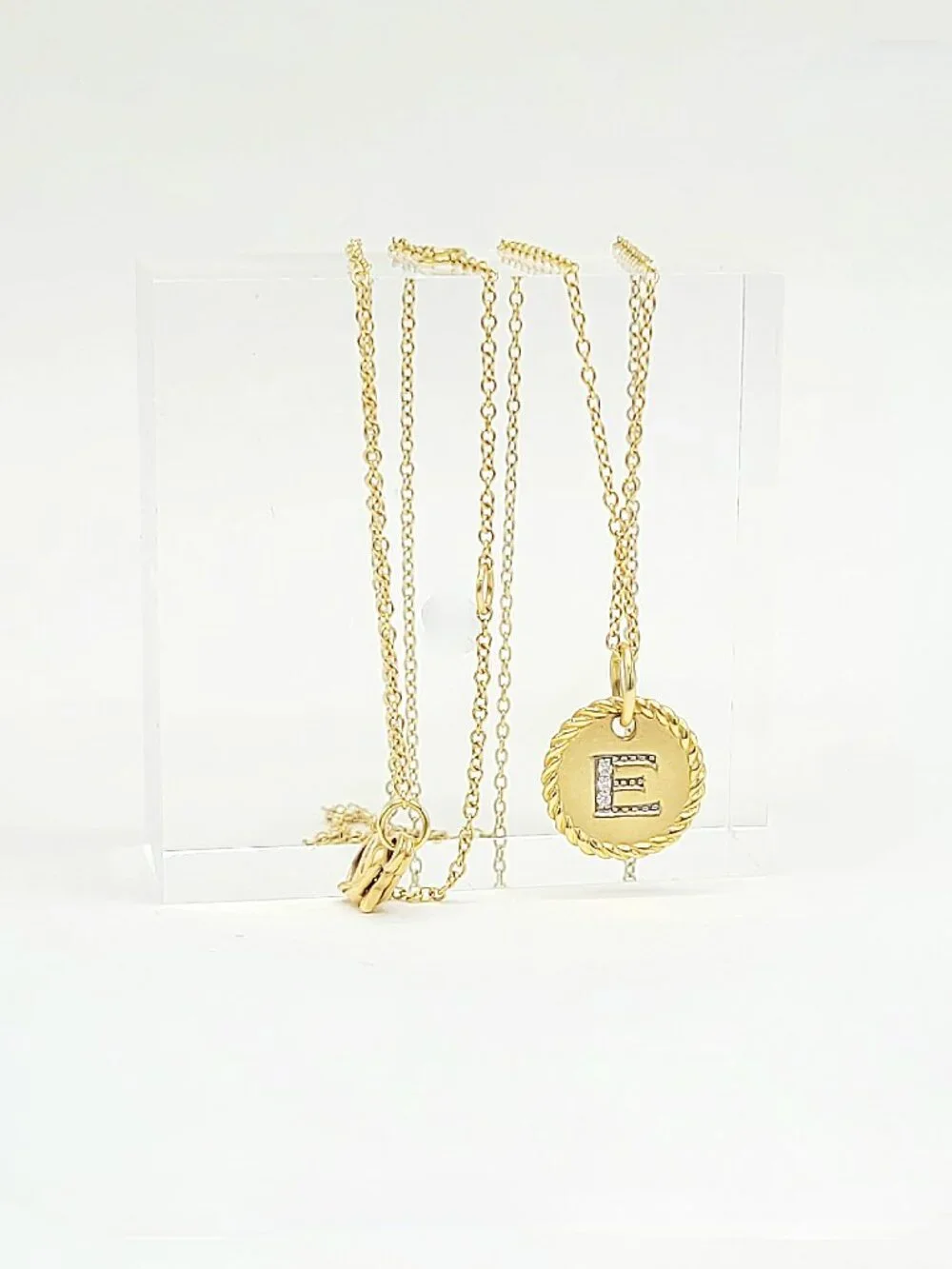 David Yurman Initial E Charm Necklace in 18K Yellow Gold w/ Diamonds - 19